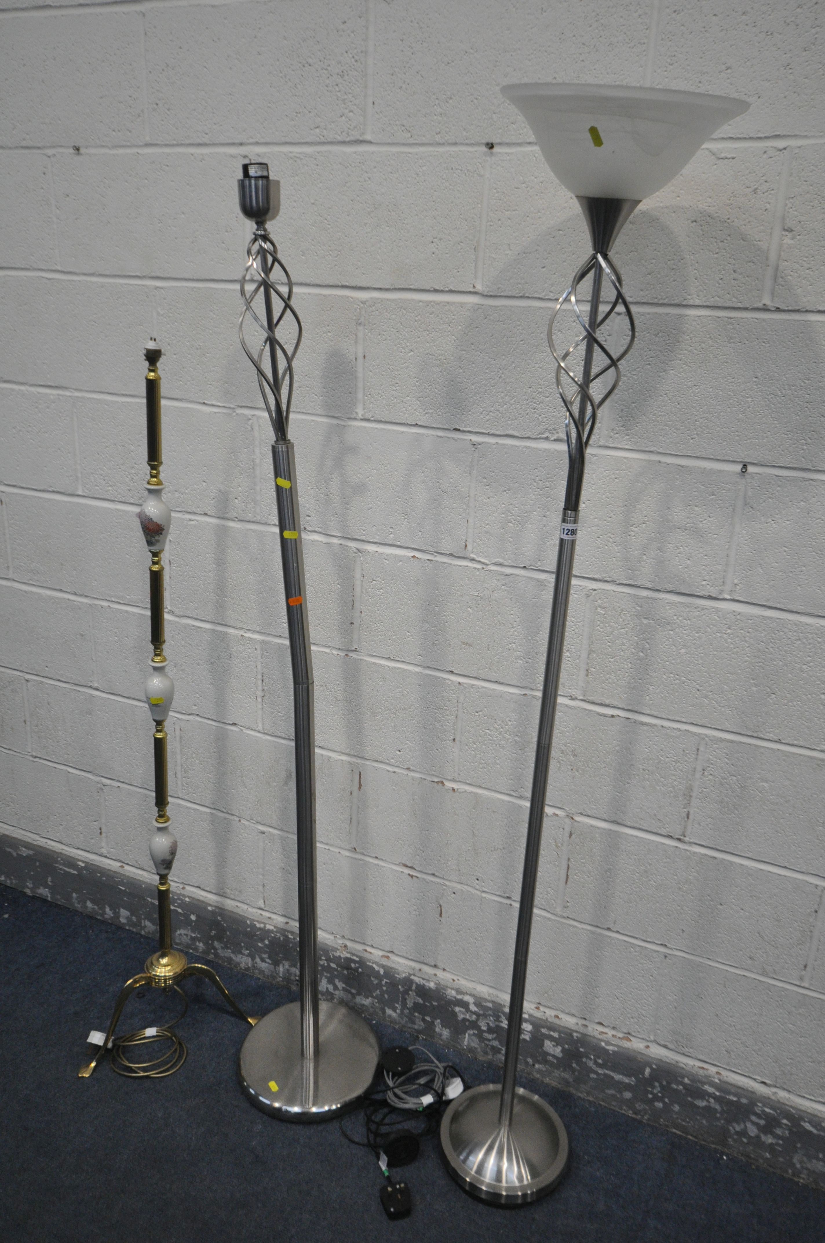THREE VARIOUS STANDARD LAMPS, with no shades (condition - the two similar standard lamps with
