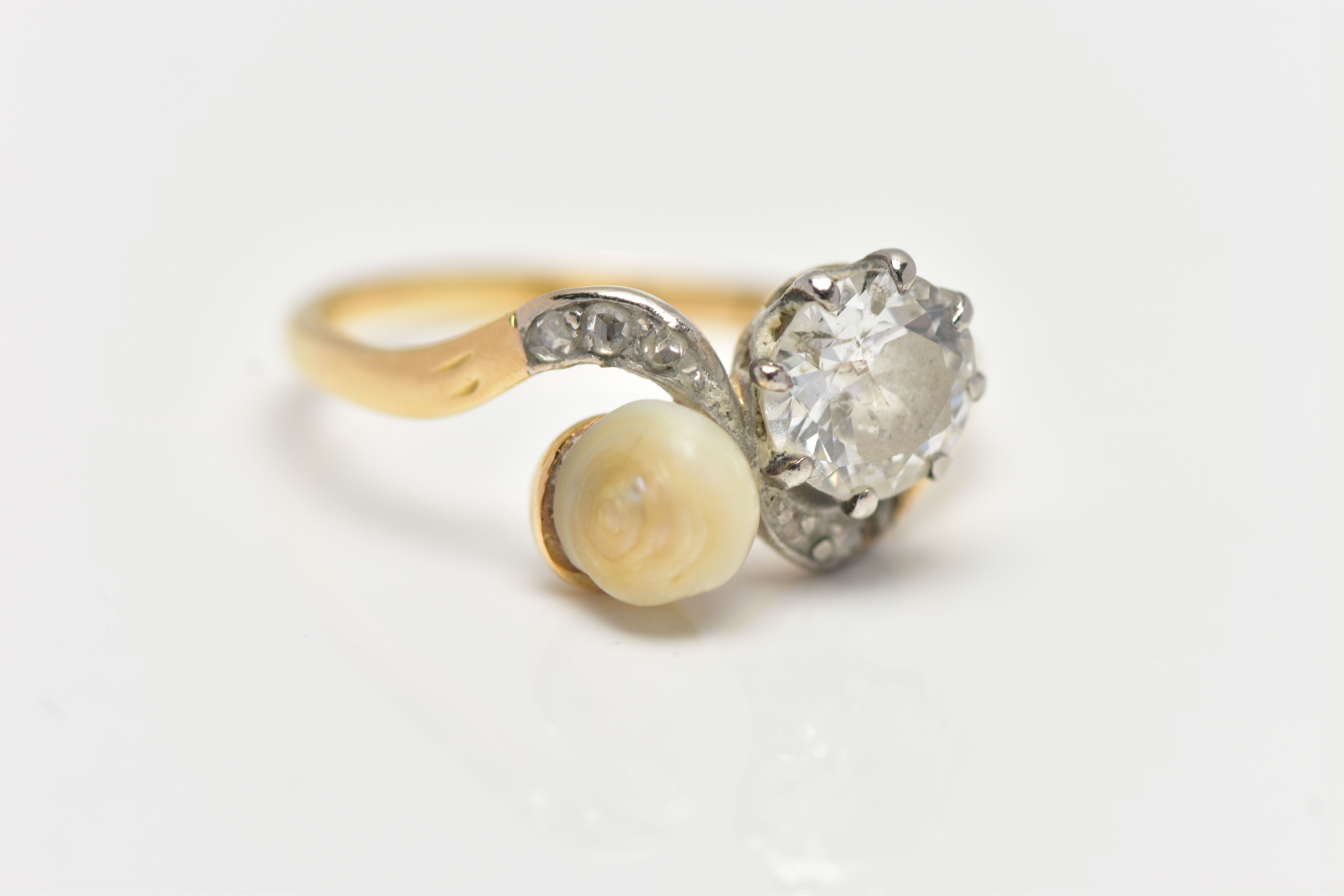 AN EARLY 20TH CENTURY 18CT GOLD DIAMOND AND PEARL DRESS RING, of crossover design, set with an early - Image 7 of 8