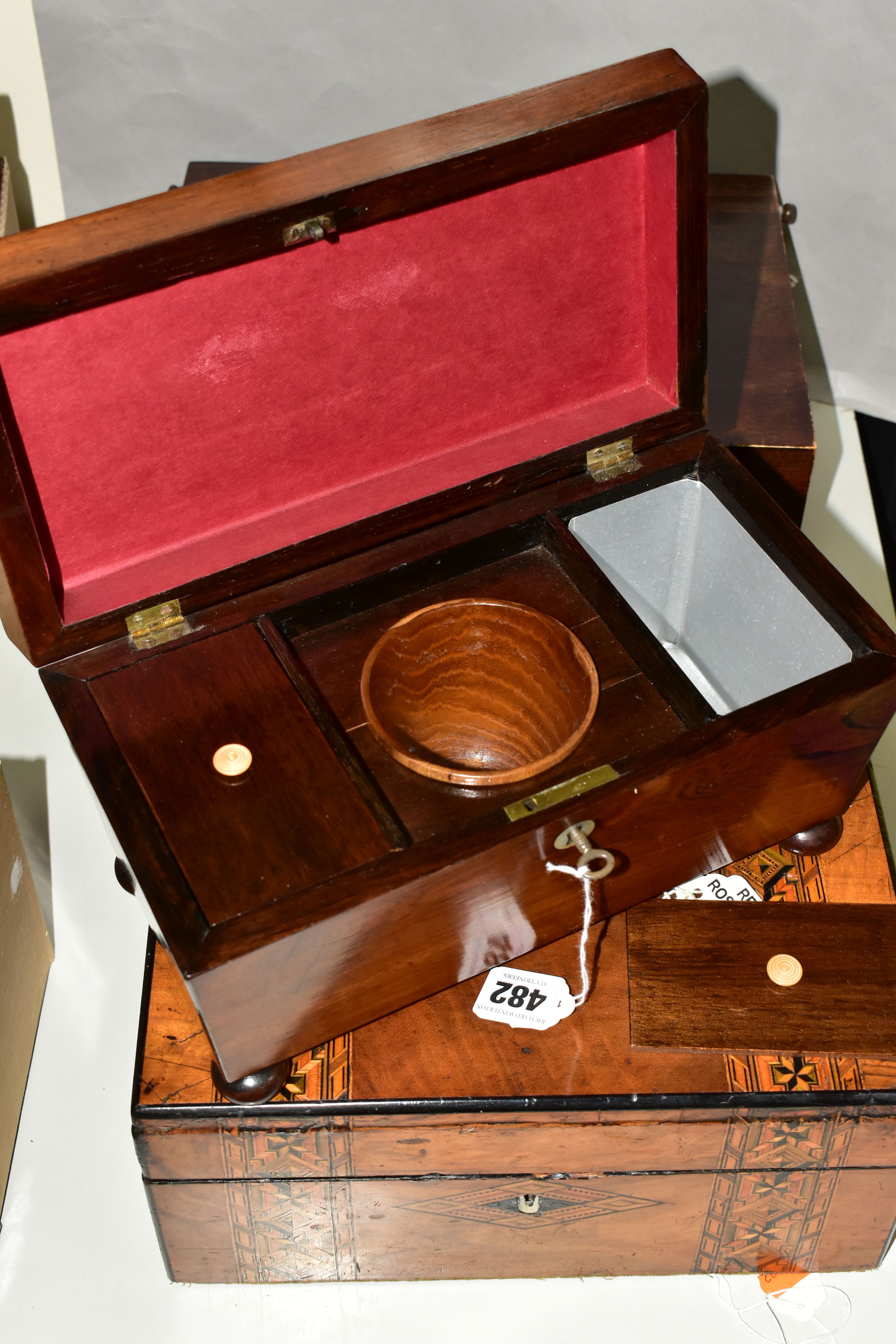 A REGENCY ROSEWOOD TEA CADDY AND TWO WRITING SLOPES, the tea caddy of sarcophagus form supported - Image 6 of 9