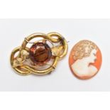 A VICTORIAN YELLOW METAL BROOCH AND A CAMEO, the brooch of an openwork interlocking design,