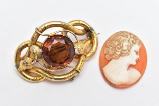 A VICTORIAN YELLOW METAL BROOCH AND A CAMEO, the brooch of an openwork interlocking design,