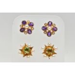 TWO PAIRS OF 9CT GOLD GEM SET EARRINGS, the first of a flower shape, set with circular cut