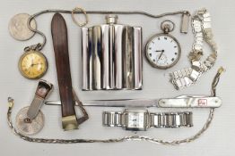 A BAG OF ASSORTED ITEMS, to include a hip flask, a wooden handled cigar cutter, a silver cigar