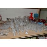 A QUANTITY OF CUT, PRESSED AND DECORATIVE COLOURED GLASS WARES ETC, to include six Webb Corbett wine