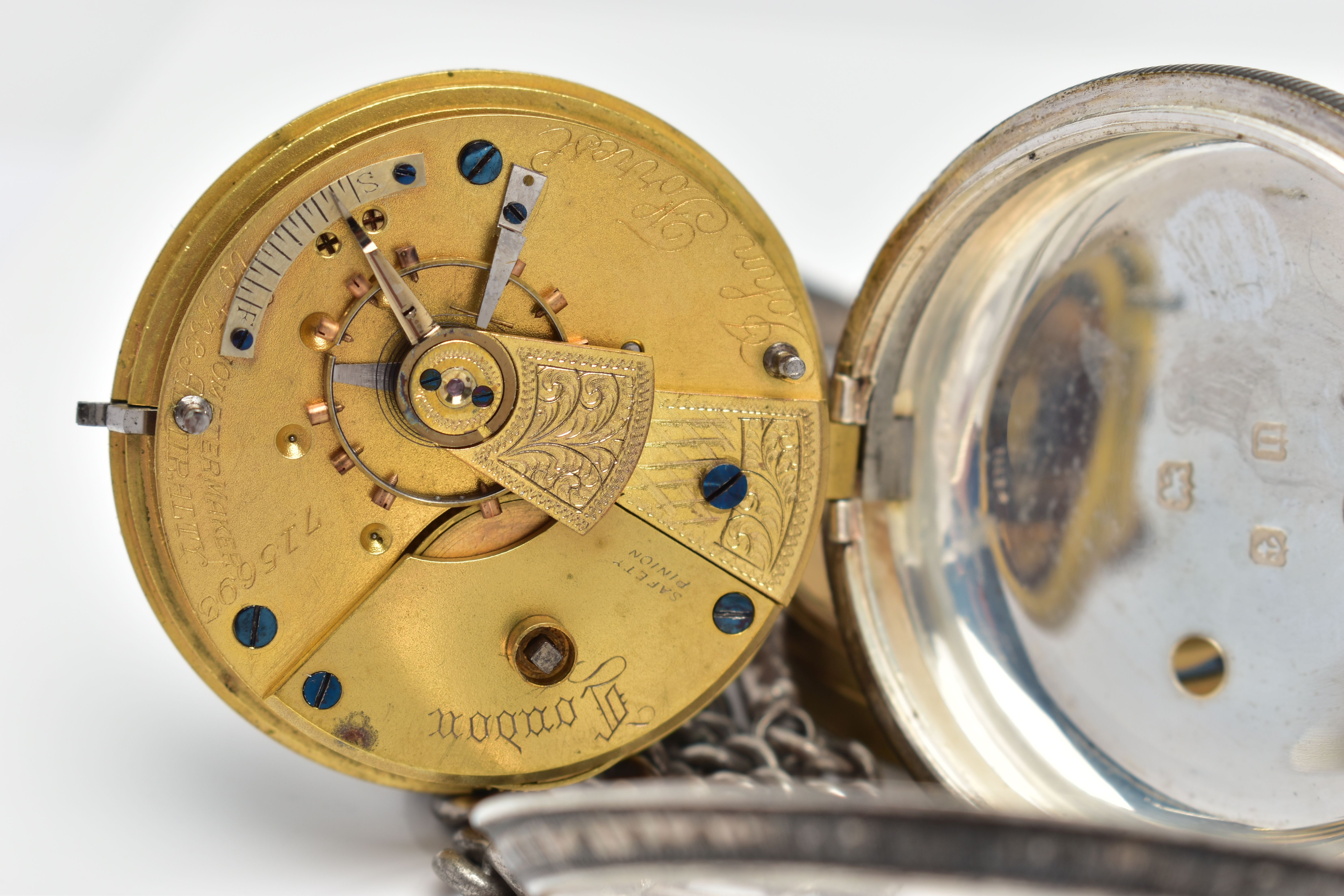 AN EARLY 20TH CENTURY OPEN FACE POCKET WATCH AND ALBERT CHAIN, the key wound pocket watch with a - Image 8 of 8