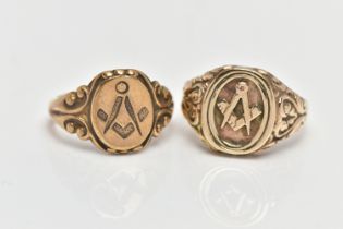 TWO MASONIC SIGNET RINGS, to include a 9ct yellow gold Masonic signet ring with scroll embossed