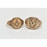 TWO MASONIC SIGNET RINGS, to include a 9ct yellow gold Masonic signet ring with scroll embossed