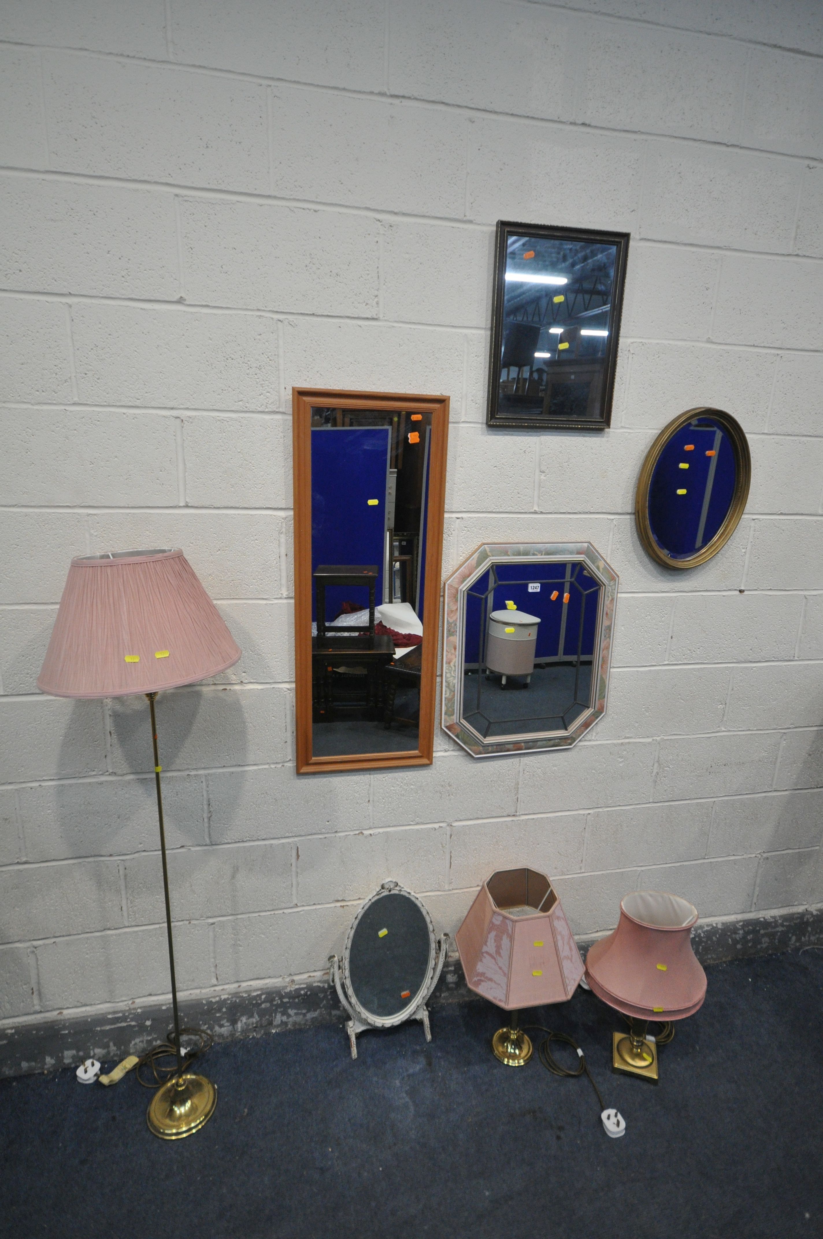 A SELECTION OF MIRRORS AND LIGHTING, to include a floral framed lead glazed wall mirror, with canted