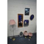 A SELECTION OF MIRRORS AND LIGHTING, to include a floral framed lead glazed wall mirror, with canted