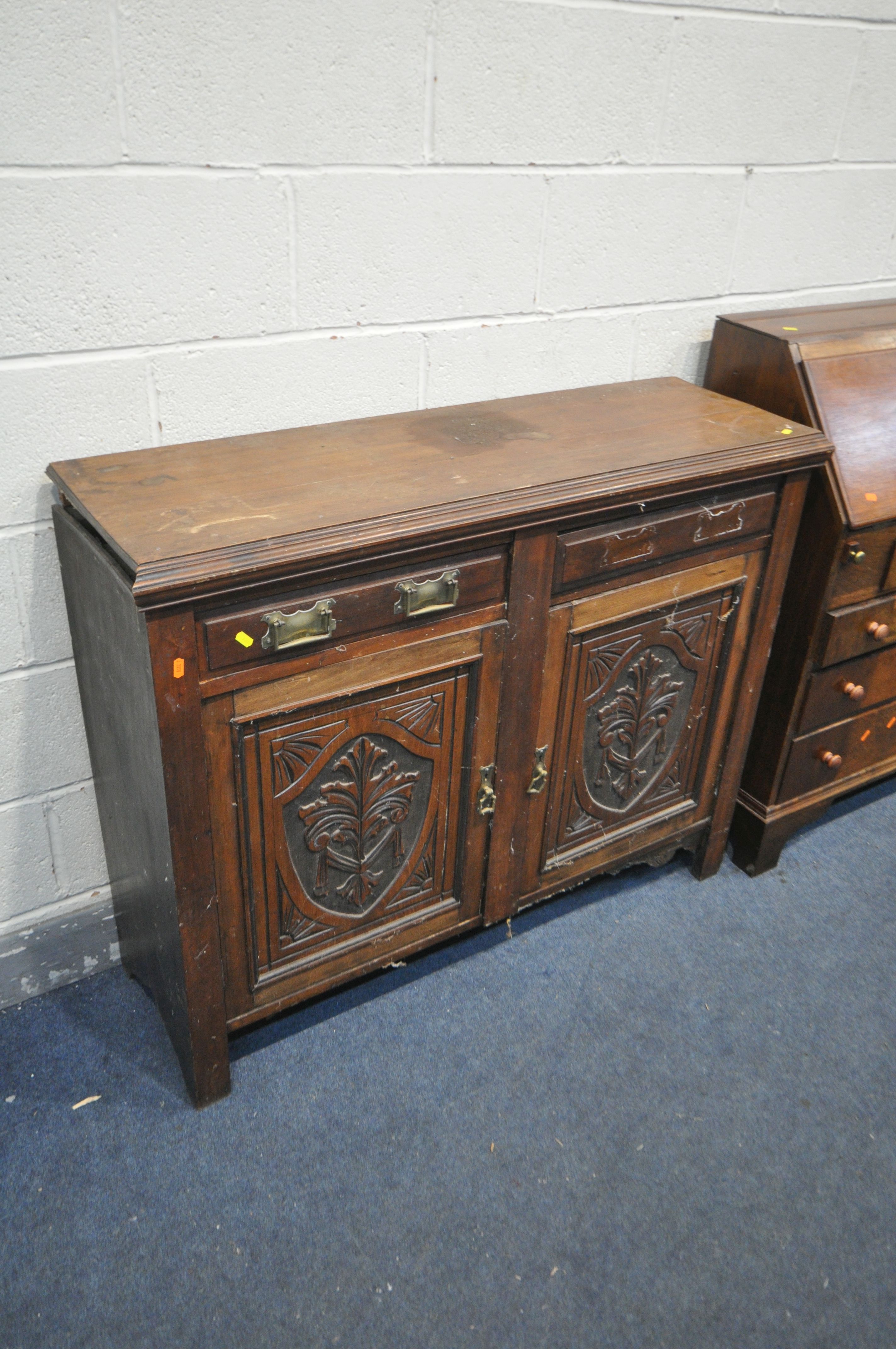 A SLIM 20TH CENTURY MAHOGANY BUREAU, with four drawers, width 81cm x depth 40cm x height 104cm, a - Image 4 of 5