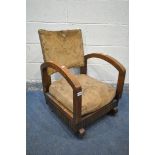 AN ART DECO OAK FRAMED ARMCHAIR (condition:-ideal for restoration)