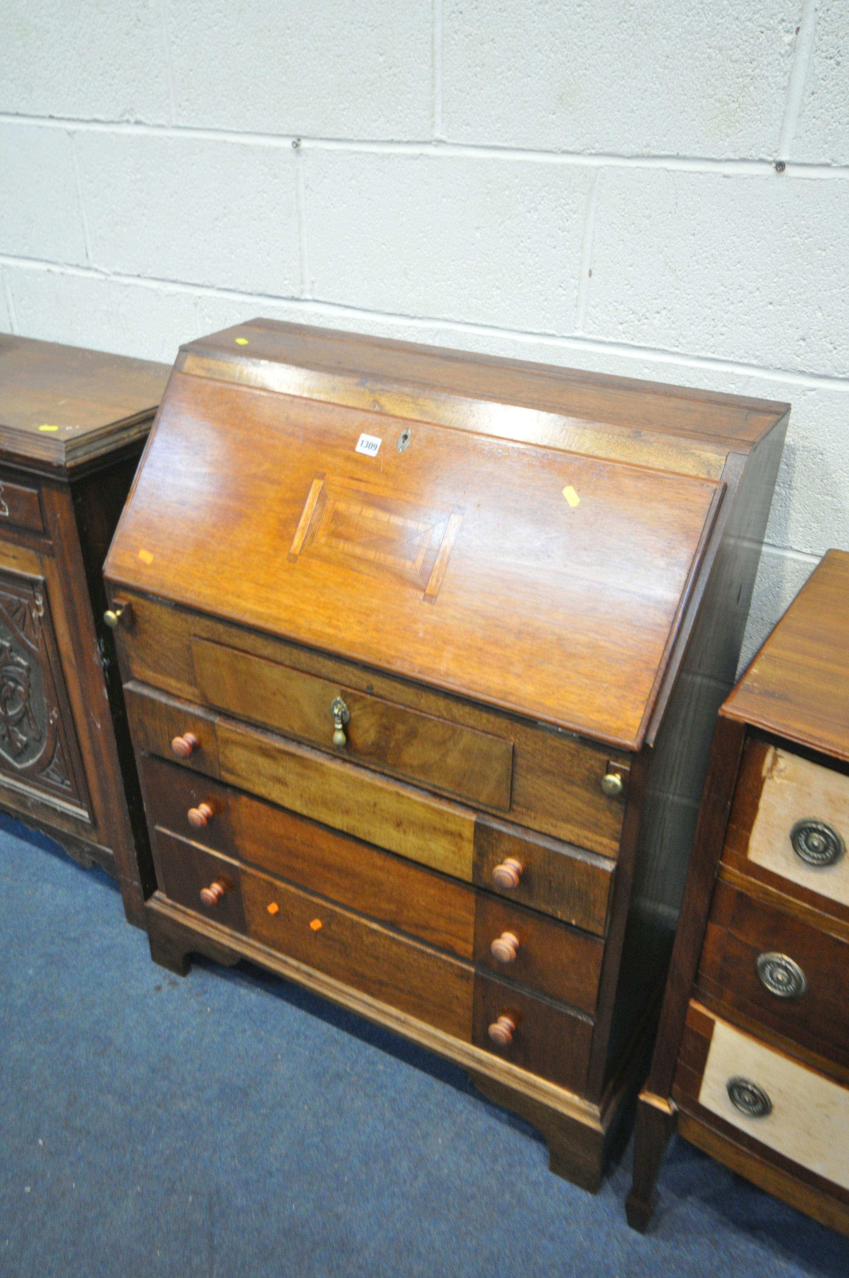 A SLIM 20TH CENTURY MAHOGANY BUREAU, with four drawers, width 81cm x depth 40cm x height 104cm, a - Image 2 of 5