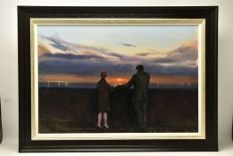 KEVIN DAY (BRITISH CONTEMPORARY) 'THE LIGHT BETWEEN US', male and female figures holding hands are