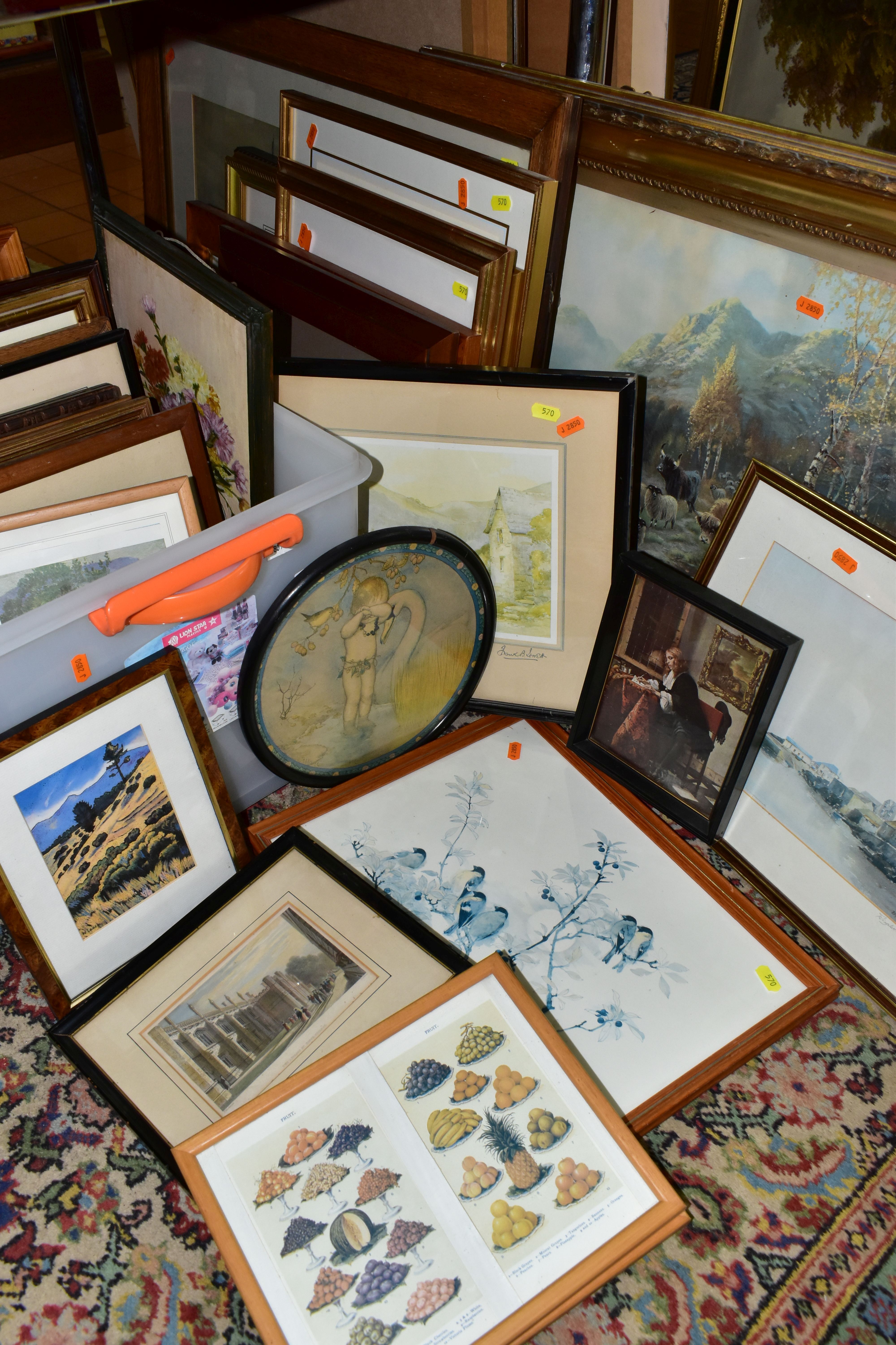 TWO BOXES AND LOOSE PICTURES AND PRINTS, to include a Charles William Adderton print 'Port Madoc',