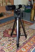 A TAMRON SPOTTING SCOPE AND A TRIPOD, the scope marked 'Zoom 20x-60x' mounted on an adjustable