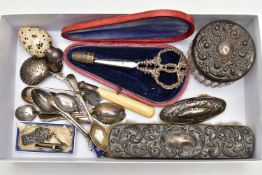 A BOX OF ASSORTED SILVER ITEMS, to include a pair of bright cut sugar tongs, hallmarked Sheffield,