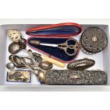 A BOX OF ASSORTED SILVER ITEMS, to include a pair of bright cut sugar tongs, hallmarked Sheffield,