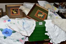 A COLLECTION OF VICTORIAN AND LATER LINEN ETC, to include a large floral ribbon work tablecloth /