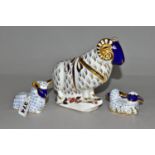 THREE ROYAL CROWN DERBY SHEEP PAPERWEIGHTS, comprising Ram height 14cm, Lamb height 8.5cm, and