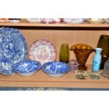 A GROUP OF CERAMICS AND GLASS WARES, to include a M R L (Royal) Boch blue and white charger