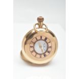 A MID 20TH CENTURY 9CT GOLD VERTEX KEYLESS WIND HALF HUNTER POCKET WATCH, the white enamel dial,