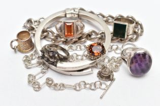 A BAG OF ASSORTED JEWELLERY, to include a silver curb link bracelet fitted with a lobster clasp