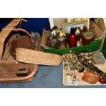 TWO BOXES AND LOOSE BASKETS, METALWARES, CERAMICS, GLASS AND PICTURES, to include a brass bell in