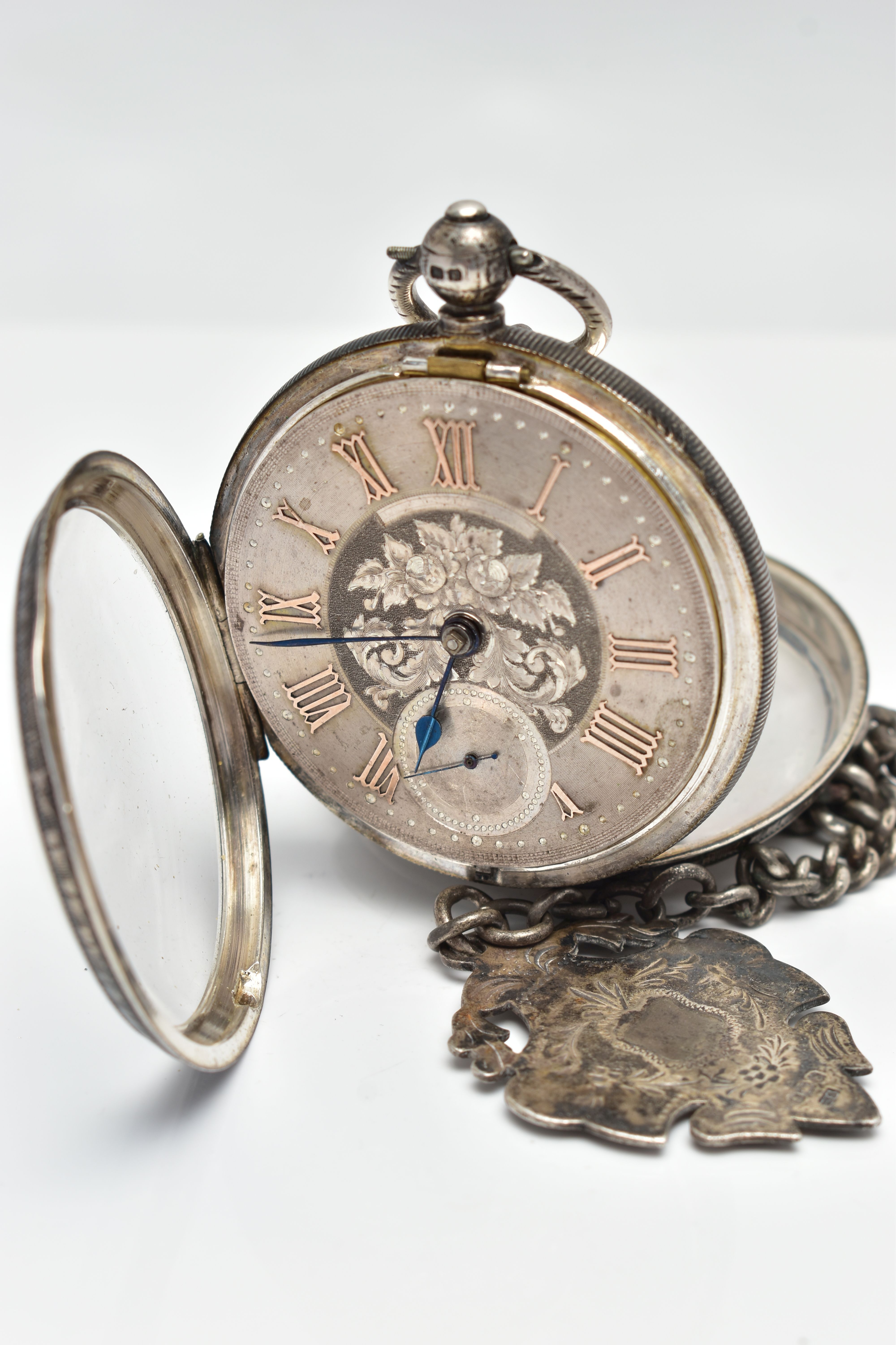 AN EARLY 20TH CENTURY OPEN FACE POCKET WATCH AND ALBERT CHAIN, the key wound pocket watch with a - Image 6 of 8