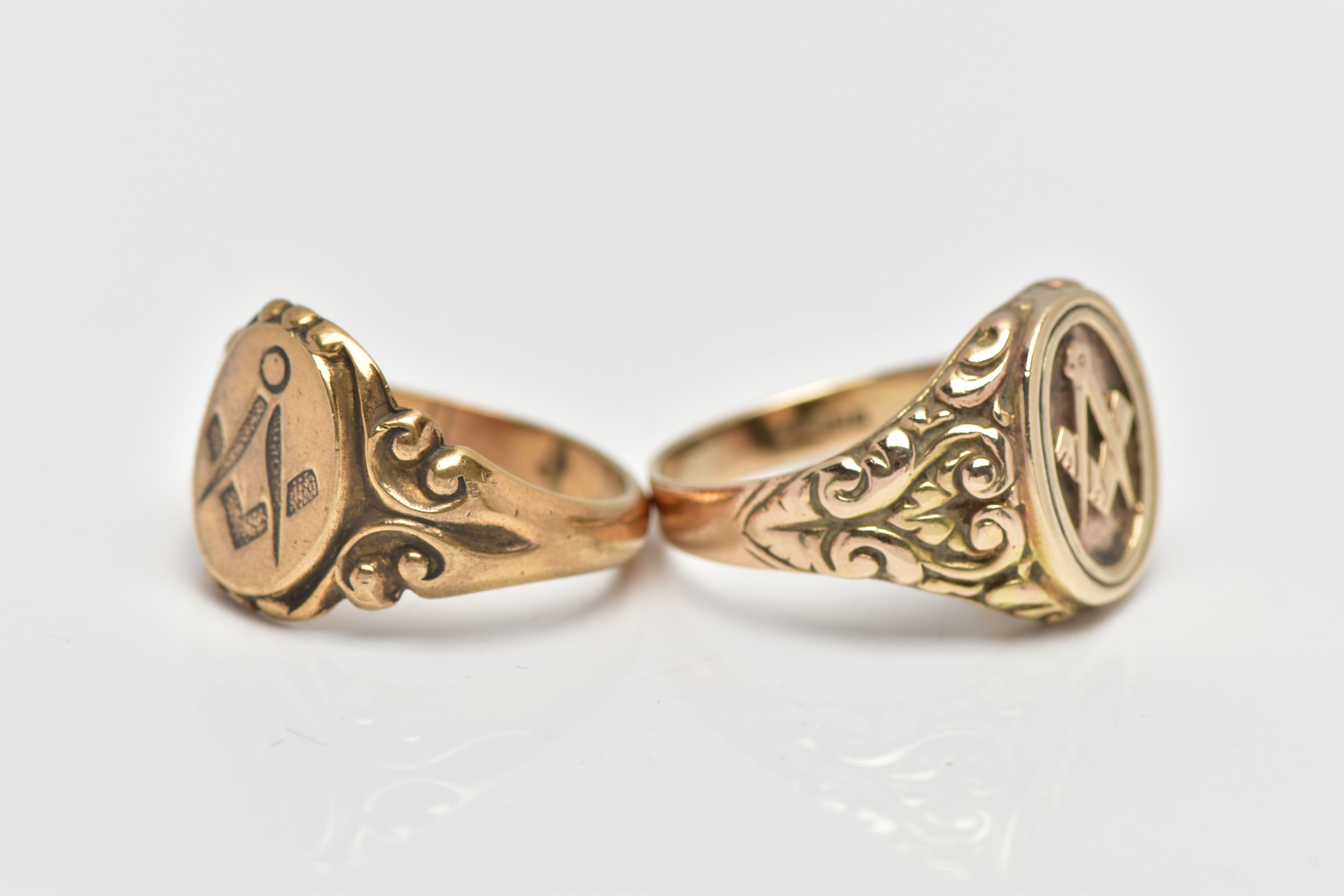 TWO MASONIC SIGNET RINGS, to include a 9ct yellow gold Masonic signet ring with scroll embossed - Image 3 of 4