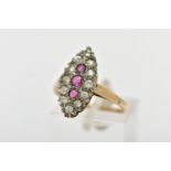 A 9CT GOLD RUBY AND DIAMOND CLUSTER RING, of a navette shape, to the centre sits three circular