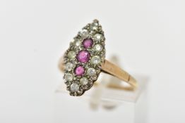 A 9CT GOLD RUBY AND DIAMOND CLUSTER RING, of a navette shape, to the centre sits three circular