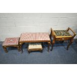 A 20TH CENTURY BEECH PIANO STOOL, along with a long dressing stool on Queen Anne legs, an oak Gothic