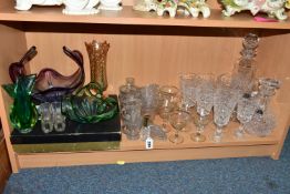 A GROUP OF CUT CRYSTAL AND OTHER GLASS WARES, to include a Stuart Crystal mallet form decanter and