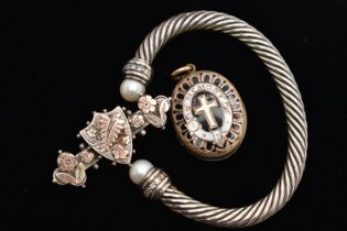 A TORQUE BANGLE, LOCKET AND A SWEETHEART BROOCH, the torque bangle of a twisted rope design, each