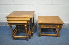 A 20TH CENTURY OAK LIDDED STORAGE CHEST, width 48cm x depth 35cm x height 38cm, and a similar nest