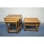 A 20TH CENTURY OAK LIDDED STORAGE CHEST, width 48cm x depth 35cm x height 38cm, and a similar nest