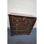 A GEORGIAN MAHOGANY AND MARQUETRY INLAID CHEST OF TWO SHORT OVER THREE LONG GRADUATED DRAWERS, on