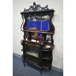 A VICTORIAN MAHOGANY DISPLAY CABINET, with an arrangement of mirrors, shelves, on a base with a
