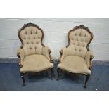 A PAIR OF VICTORIAN STYLE ARMCHAIRS (both chairs does not comply with the Furniture and