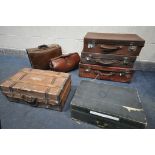 A SELECTION OF LUGGAGE, to include four leather suitcases, four gladstone bags, a small trunk,