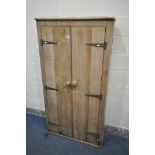 A 19TH CENTURY PINE TWO DOOR CUPBOARD, width 89cm x depth 33cm x height 170cm (condition:-distressed