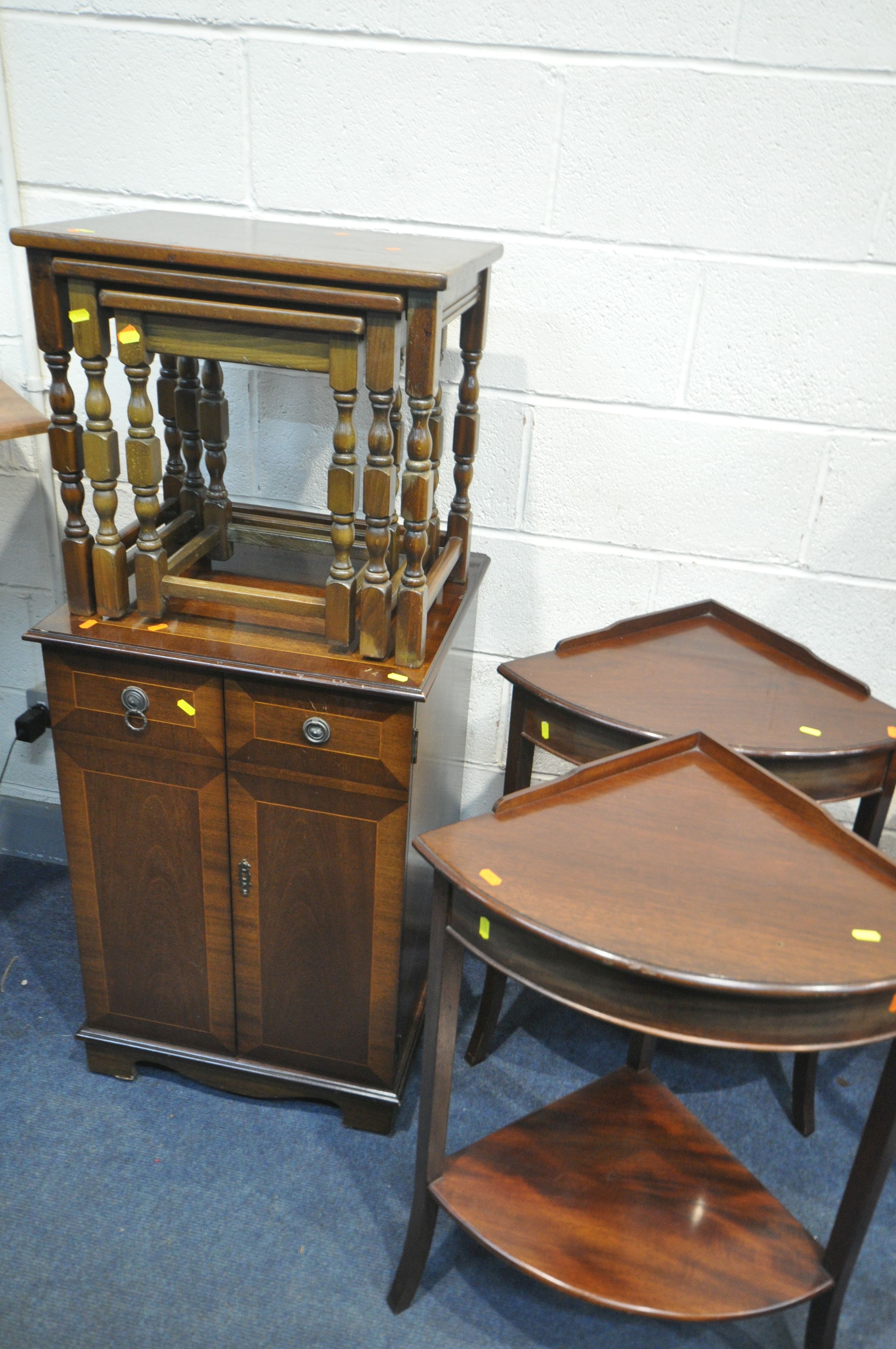 A PAIR OF MAHOGANY CORNER SHELVES, along with a circular tripod table, an oak nest of three - Image 3 of 3