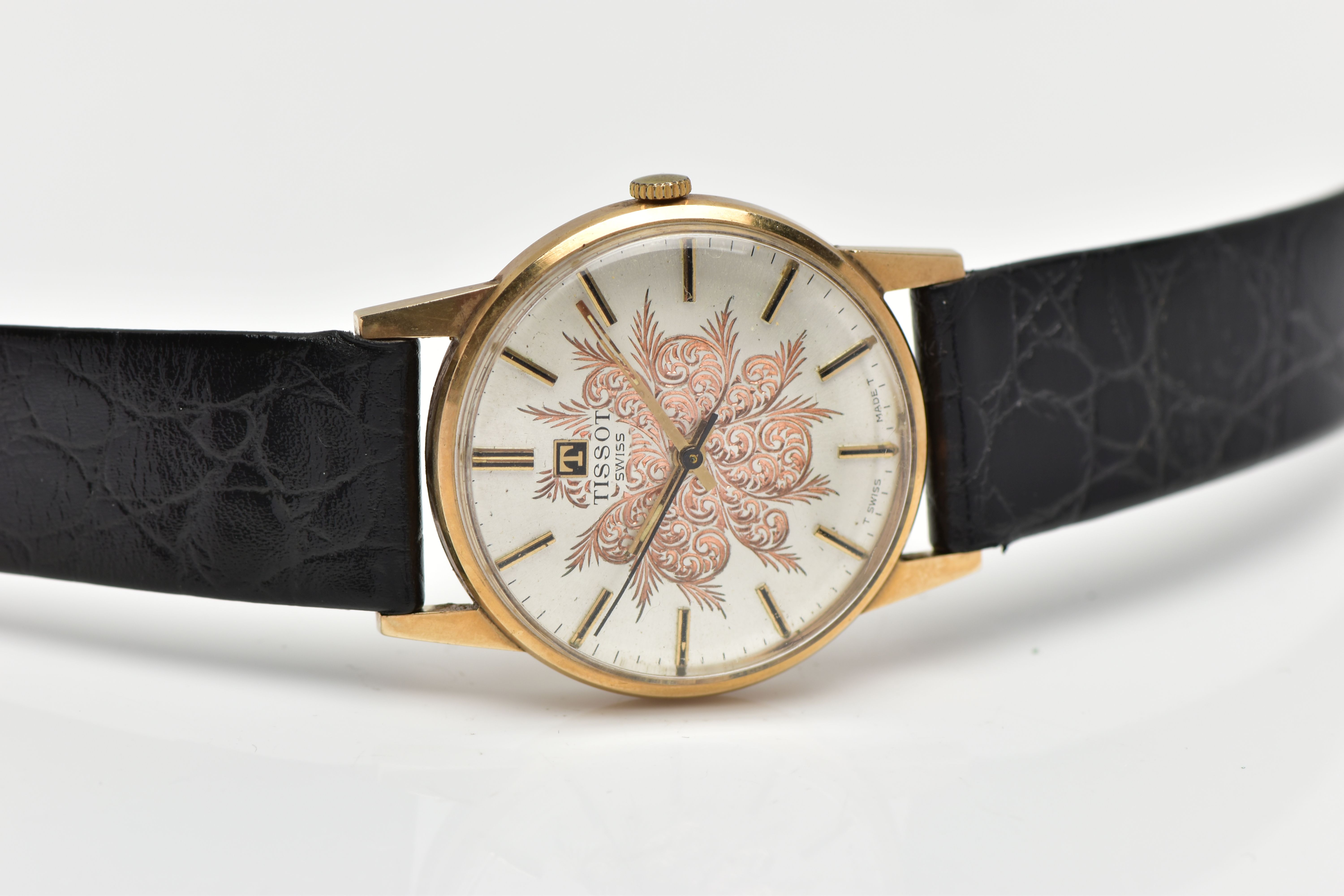 A 9CT YELLOW GOLD TISSOT WRISTWATCH, the silver coloured dial, with black enamel and gilt hourly - Image 4 of 6