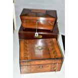 A REGENCY ROSEWOOD TEA CADDY AND TWO WRITING SLOPES, the tea caddy of sarcophagus form supported