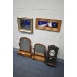 AN EARLY 20TH CENTURY OAK WALL CLOCK (winding key) two Victorian dressing mirrors, a gilt framed