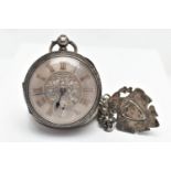 AN EARLY 20TH CENTURY OPEN FACE POCKET WATCH AND ALBERT CHAIN, the key wound pocket watch with a