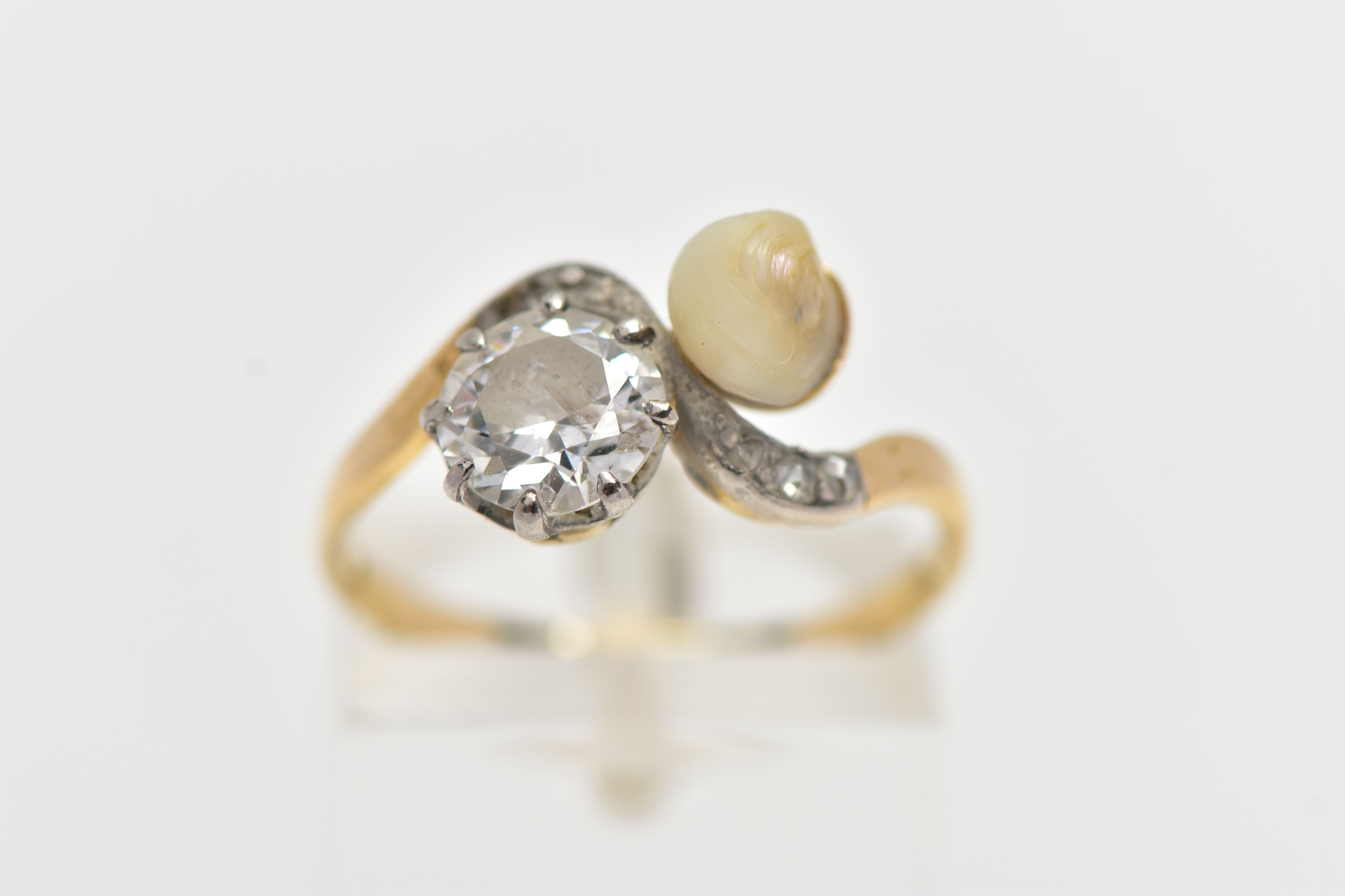 AN EARLY 20TH CENTURY 18CT GOLD DIAMOND AND PEARL DRESS RING, of crossover design, set with an early - Image 2 of 8