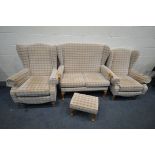 A HSL BEIGE AND TARTAN FOUR PIECE LOUNGE SUITE, comprising a two seater sofa, length 120cm, two
