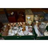 FOUR BOXES OF CERAMICS, GLASSWARE, CLOCKS AND THREE CASED SEWING MACHINES, including four