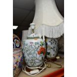 A PAIR OF LARGE ORIENTAL TABLE LAMPS, of sealed ginger jar form, painted with birds and foliage,